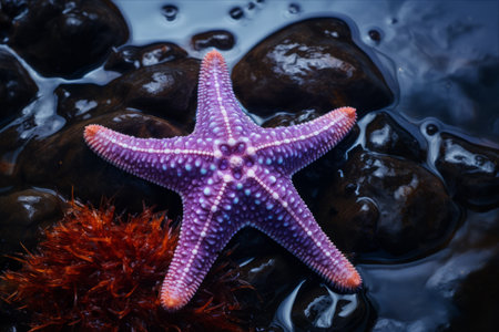 The Enigmatic Beauty of a Purple Starfish in Its Stony Habitat: Exploration at 3:2 Scaleの素材
