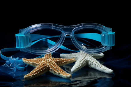Underwater Adventure: Exploring the Beach, Uninflated Swim Circle, Mask, and Tube Amidst a Mysterious Abyss with a Starfish Nearby -AR 3:2の素材