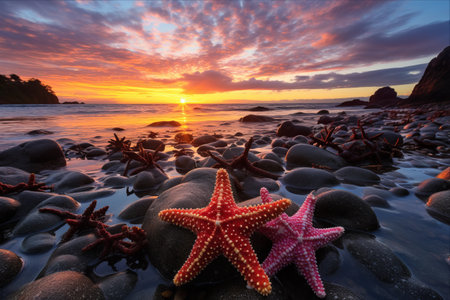 Serene Beauty: Captivating Starfish and Sunset on the Tolama Coast - AR 3:2の素材