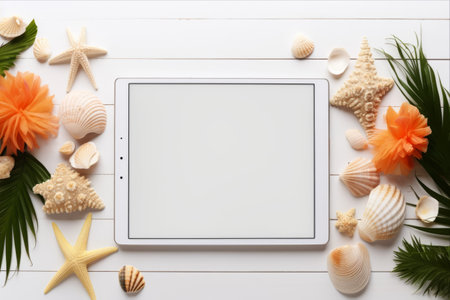 Seaside Inspiration: A Stunning Flat Lay of a Graphic Pen Tablet adorned with Starfish and Sea Shellsの素材