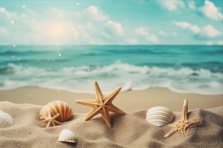 Sandy Serenity: Captivating Starfish and Shells Adorned Beach for Your Perfect Poster or Bannerの素材