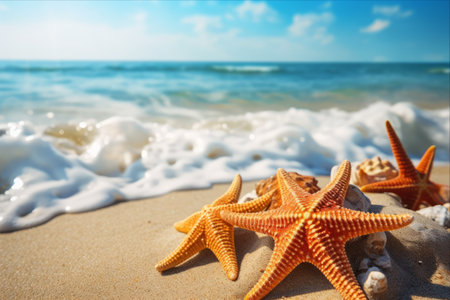 Serene Vistas: Captivating Sea Stars Embrace Sun-Kissed Sands and Azure Waves on a Balmy Dayの素材