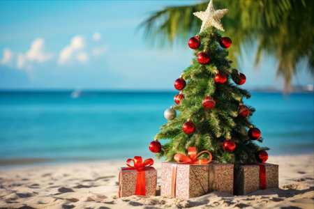 Sparkling Seaside Celebration: Glittering Green Christmas Tree, Starfish, and Sun-Kissed Beach Delightsの素材