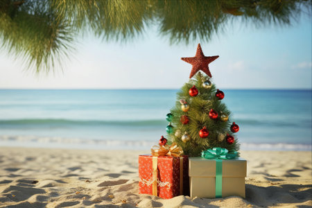 Beachside Christmas Bliss: A Glittering Tree, Red Bow Gift Box, and Sea of Festive Delightsの素材