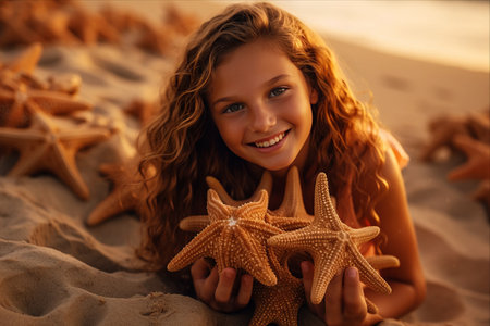 Whimsical Moments: A Beautiful Young Girl Embracing a Starfish on the Beachの素材