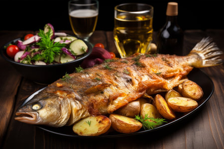 Culinary Delights: Indulging in a Homely Family Dinner with Crispy Fried Fish, Golden Potatoes, and Fresh Salad --AR 3:2の素材