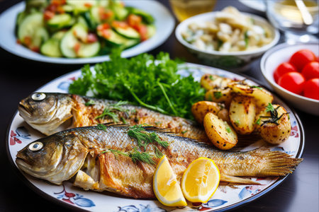 Crispy Delights: A Scrumptious Family Dinner of Fried Fish, Golden Potatoes, and Fresh Saladの素材