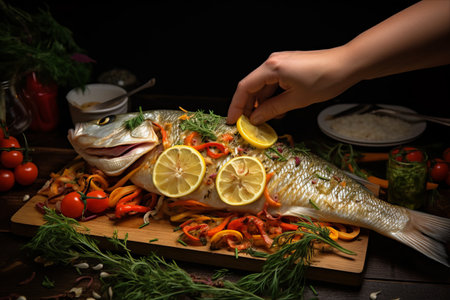 Delectable Delicacy: Skilled Female Hands Artfully Prepare a Plate of Fresh Fish - AR 3:2の素材