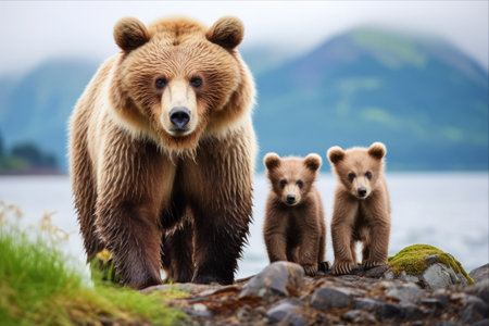 Captivating Encounters: Witnessing the Majestic Kodiak Island Alaska Brown Bear and Cubs in a Spectacular 3:2 Adventureの素材