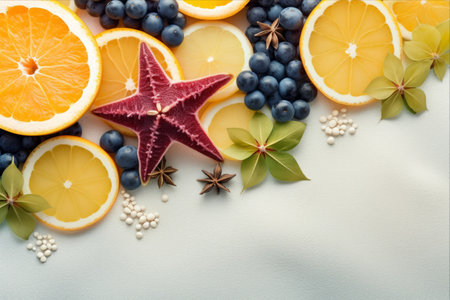 Serenity by the Shore: A Colorful Composition of Half a Melon, Grapes, and a Starfish in a Top-View Flat Lay Bannerの素材