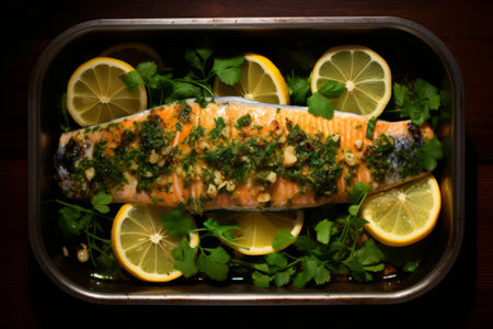 Lemony Parsley Infused Rainbow Trout Baked to Perfection in a Tinの素材
