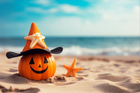 Enchanting Halloween Pumpkin on a Sandy Beach: Starfish in Hat near the Oceanの素材