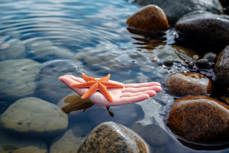 Gentle Embrace: A Close-Up of a Hand Cradling a Brown Starfish, Capturing the Beauty of the Coastal Watersの素材