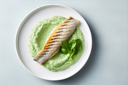 Spinach Grilled White Fish: A Nutritious and Diet-Friendly Meal on a Textured Backgroundの素材