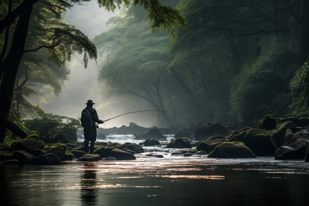 The Serene Art of Angling: Man Fishing in a River - AR 3:2の素材