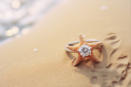 Captivating Love: A Mesmerizing Diamond Engagement Wedding Ring Nestled on a Starfish amidst Soft Sandy Beachの素材