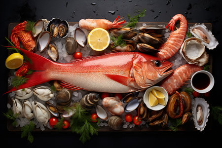 Captivating Seafood Bounty: A Spectacular Overhead Panoramic View of Sea Bream, Scallops, Crab, Squid, Clams, and Prawnsの素材