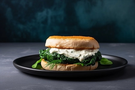 Delicious Cod Fish Burger: A Perfect Blend of Flavors on a Gray Plateの素材