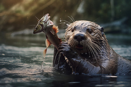 Glimpse into Nature's Feast: A Otter Devours Fish in a River - AR 3:2 Portraitの素材