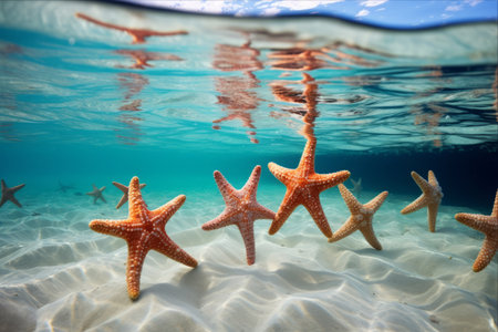 Mesmerizing Underwater Ballet: A Group of Starfish Gracefully Dances on a Sandy Beachの素材