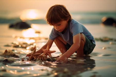 Enchanting Moments: A Little Boy Engrossed in Discovering Starfish in Shallow Sea Waterの素材
