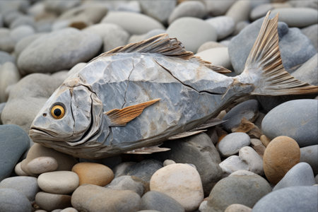 A Captivating Snapshot: The Serene Trifecta of a Lifeless Fish, Stony Stillness, and Glistening Waters - An Artistic Encounterの素材