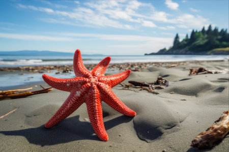 The Solitary Sentinel: A Lone Red Starfish Standing Tall on the Beachの素材