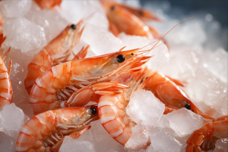Prized Catch: A Glistening Pile of Fresh Prawns on Ice!の素材