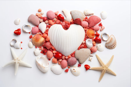 A Serene Summer Escape: Unveiling the Heart of Seashells, Crab Claws, Stones, Corals, and Starfish on a White Background. Feel the Vacation Vibes and Love Mood!の素材