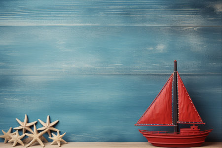 Sailing through the Nautical Starry Night: A Serene Wooden Background with Starfish and Sail Boatの素材