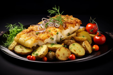 Crispy Delights: A Delectable Combination of Fried Fish Fillet, Oven-Baked Potatoes, and Freshly Cooked Vegetablesの素材