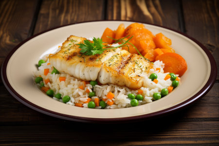 Savor the Flavors: Delectable Fried Halibut with White Rice, Peas, and Carrots on a Rustic Wooden Tableの素材