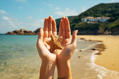 A Serene Connection: Embracing a Starfish amidst the Enchanting Sea and Shorelineの素材