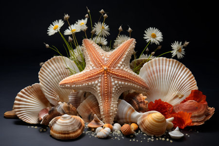 Unveiling a Sea of Opened Scallops and Starfish: A Captivating 3:2 Spectacleの素材