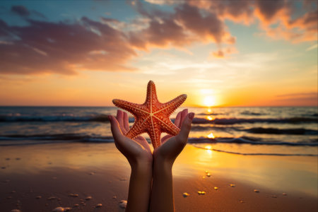 Serenity at Dawn: Embracing Starfish on the Beachの素材