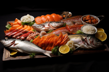 Dive into a Seafood Symphony: Exquisite Raw Fish Platter with Pomfret, Salmon, Bombay Duck, Mackerel, Seer Fish, Khapi, and Juicy Prawns â AR 3:2の素材