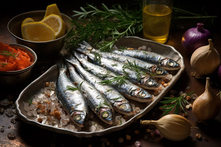 Sensational Presentation: Exquisite Raw Sardines on a Silver Tray with Handpicked Ingredientsの素材