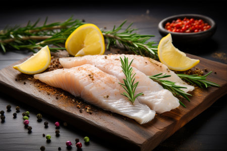 Savoring the Freshness: Fish Fillet Delight on a Rustic Wooden Cutting Board with Rosemary, Spices, and Zesty Lemon Slicesの素材
