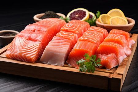 Delicious Sea Fish Feast: Fresh Salmon, Red Tuna, and Sole Fish Chunks, Presented on a Rustic Wooden Plateの素材