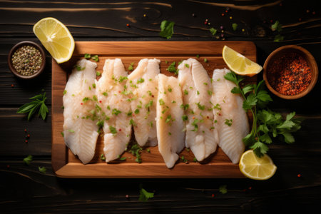 Culinary Delight: Herb and Spice Infused Fish Fillet on a Rustic Wooden Boardの素材