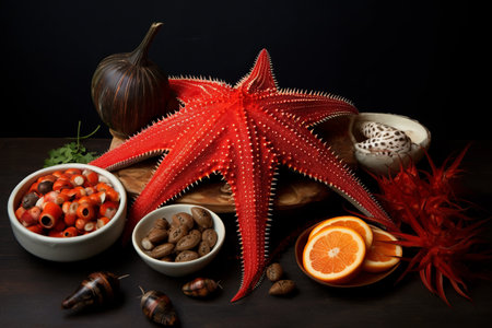 Vibrant Marine Trio: A Red Color Sea Star, Sea Urchin, and Fish Gracefully Adorn the Tableの素材