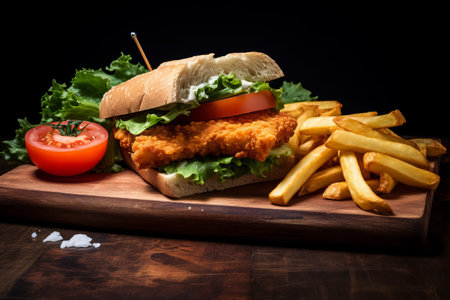 Delicious Fish Finger Sandwich with Crispy Potato Fries Served on a Rustic Wooden Boardの素材