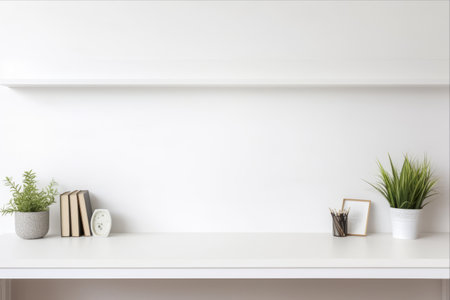 Organized Efficiency: A Stylish Home Desk with Ample Office Supplies and a Clean White Wall, Perfect for Unleashing your Creativity!の素材
