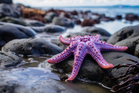Majestic Purple Sea Star Serenely Rests on Rocky Shoreline at Beachcomber Regional Parkの素材