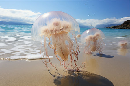 The Majestic Rhizostoma pulmo Medusa: Discovering the Enchanting Barrel Jellyfish on the Sandの素材