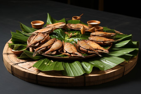 Traditional Fish Fry Served on a Rustic Banana Leaf Base - A Mouthwatering Delight!の素材