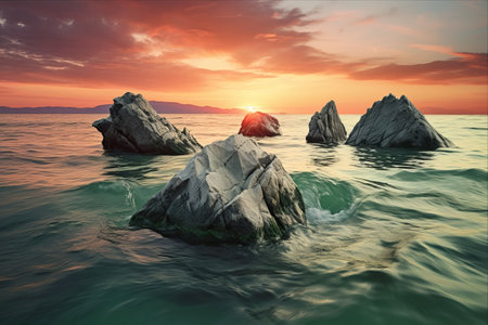 Spectacular Sunset: Vibrant Green Skies Over Rocky Seasの素材