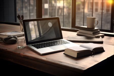 The Ultimate Productivity Setup: Transforming your Home Office with a Stylish Desk, Laptop, Notebook, and Smart Phoneの素材