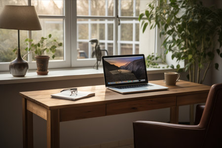 Enhancing Productivity: An Overview of the Home Office Desk Setup with a Laptop on the Table [AR 3:2]の素材