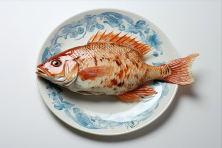 Savoring Serenity: Fish Heh Perched on a White Plate, Up Close --AR 3:2の素材